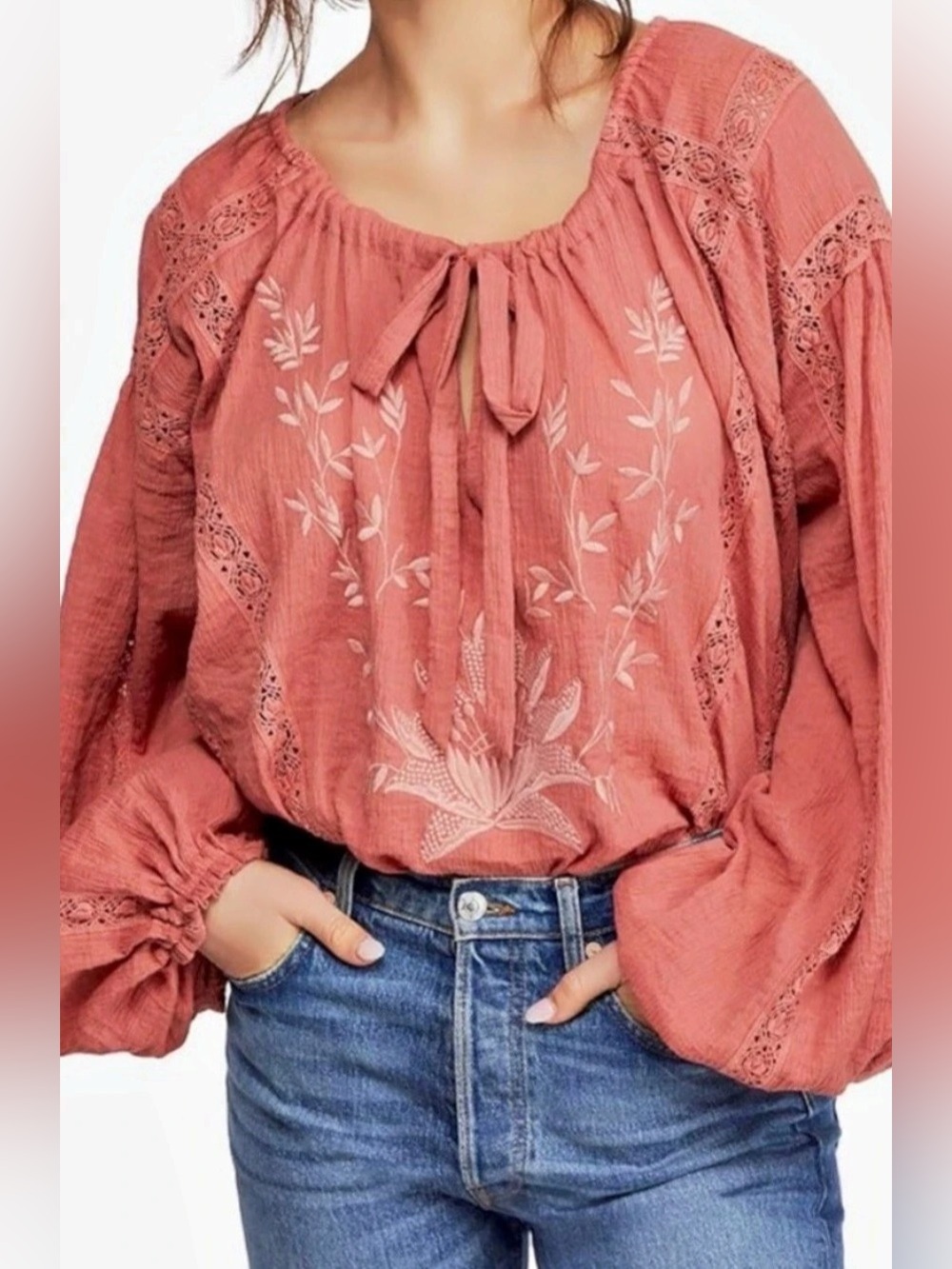 Free People Coral Floral Embroidered Long Sleeve Tie Neck Blouse - Size S